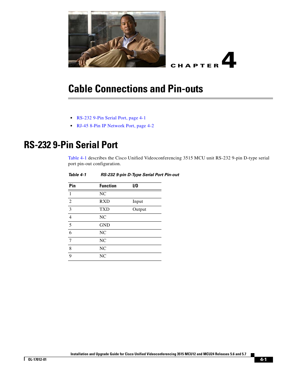 Cable connections and pin-outs, Rs-232 9-pin serial port, C h a p t e r | Cisco 3515 MCU24 User Manual | Page 31 / 44