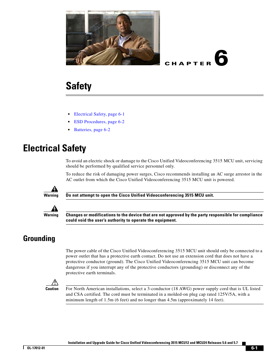 Safety, Electrical safety, Grounding | C h a p t e r | Cisco 3515 MCU24 User Manual | Page 35 / 44