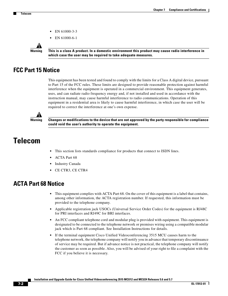 Fcc part 15 notice, Telecom, Acta part 68 notice | Cisco 3515 MCU24 User Manual | Page 38 / 44