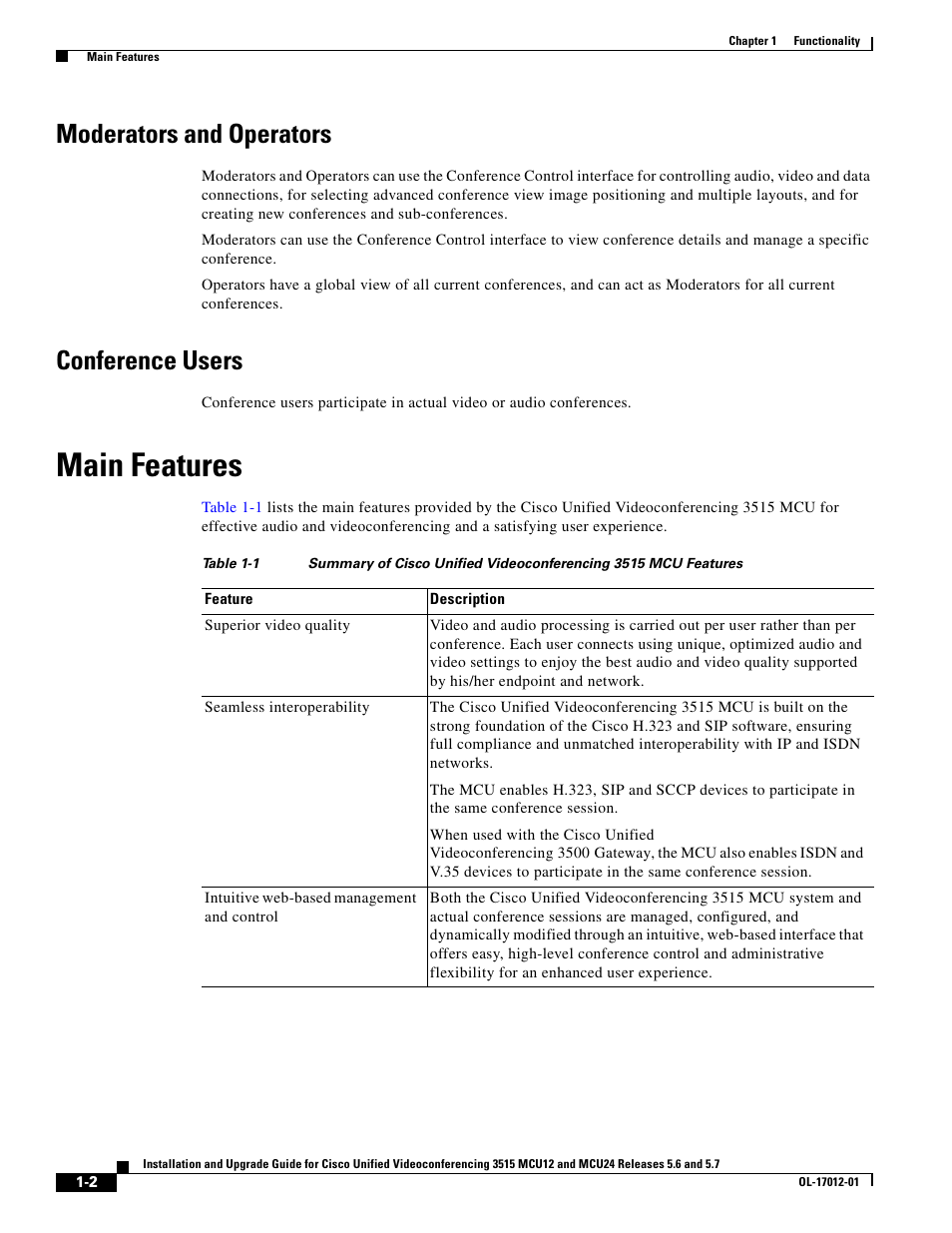 Moderators and operators, Conference users, Main features | Cisco 3515 MCU24 User Manual | Page 6 / 44