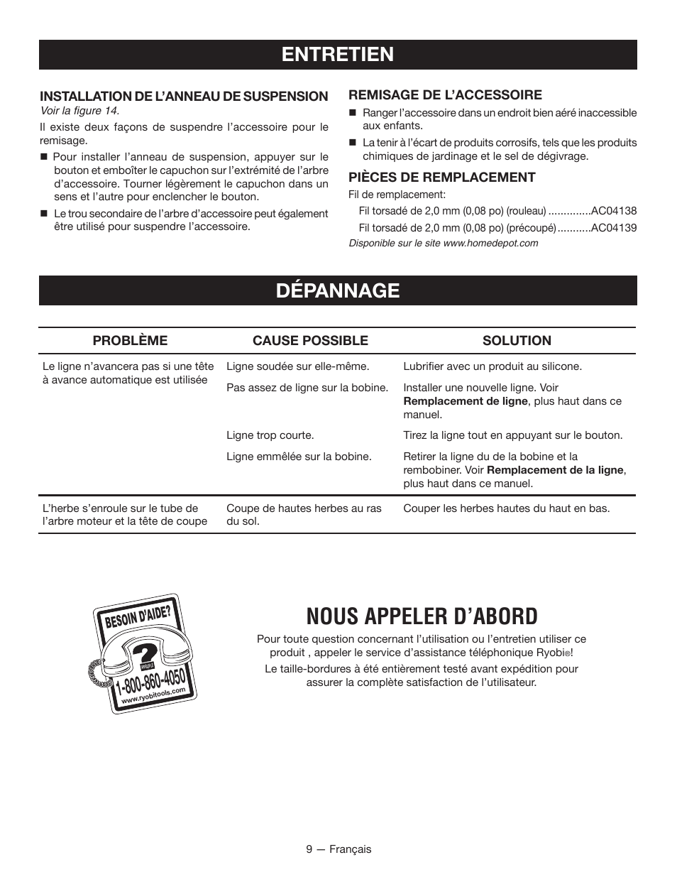 Nous appeler d’abord, Entretien, Dépannage | Besoin d’aid e | Ryobi RY40220 User Manual | Page 17 / 28