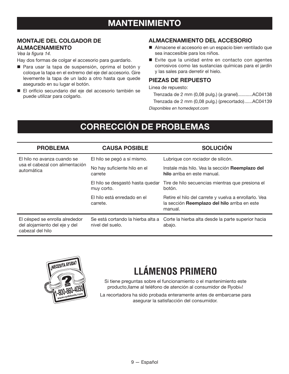 Llámenos primero, Mantenimiento, Corrección de problemas | Ryobi RY40220 User Manual | Page 25 / 28