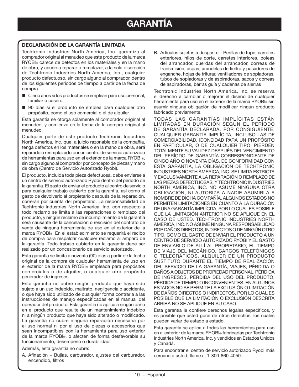 Garantía | Ryobi RY40220 User Manual | Page 26 / 28