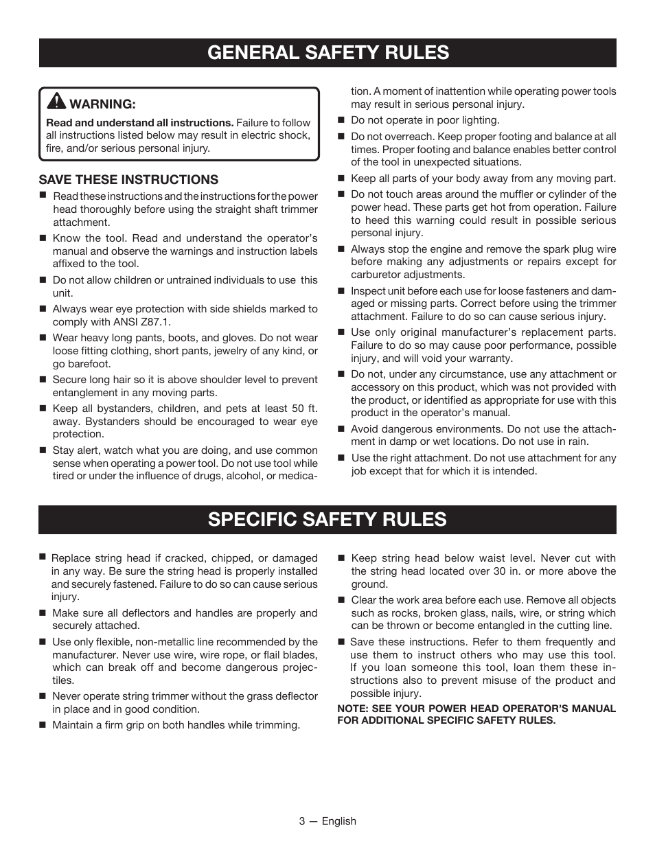 General safety rules, Specific safety rules | Ryobi RY40220 User Manual | Page 3 / 28