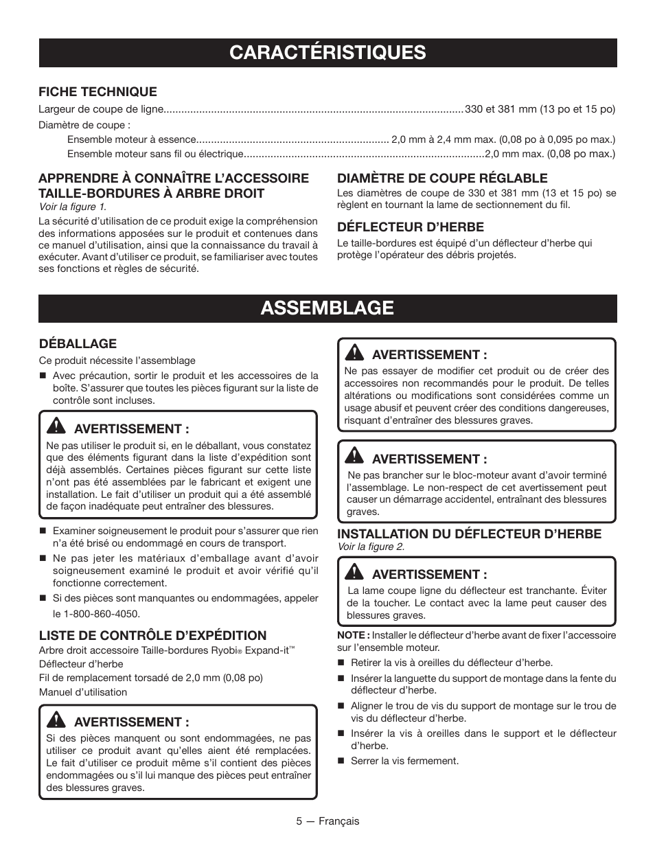 Caractéristiques, Assemblage | Ryobi RY40220 User Manual | Page 13 / 28