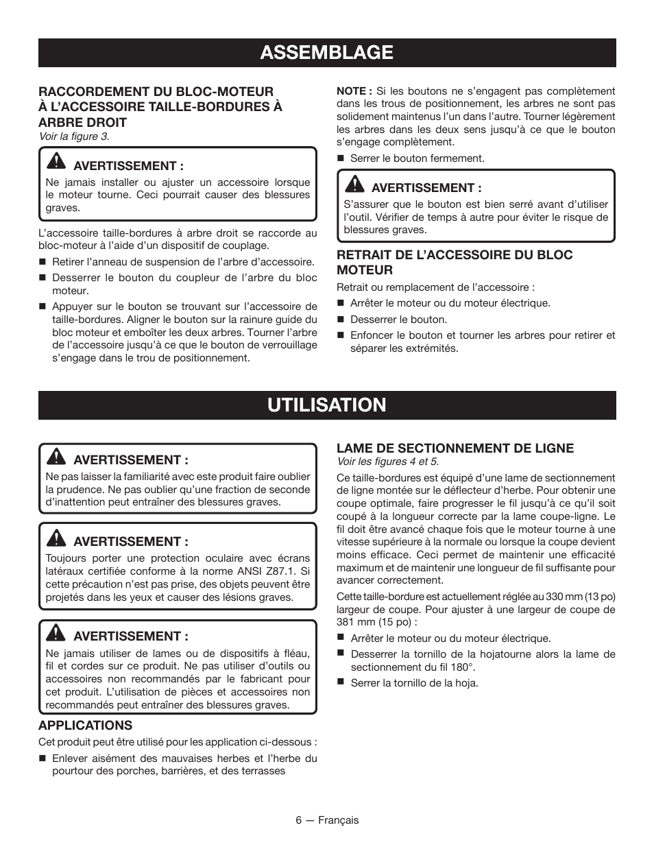 Assemblage, Utilisation | Ryobi RY40220 User Manual | Page 14 / 28