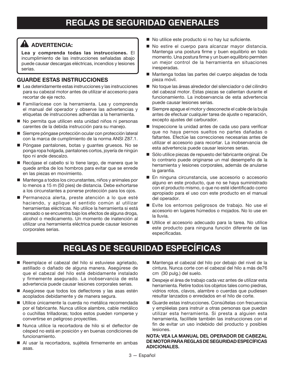 Reglas de seguridad generales, Reglas de seguridad específicas | Ryobi RY40220 User Manual | Page 19 / 28