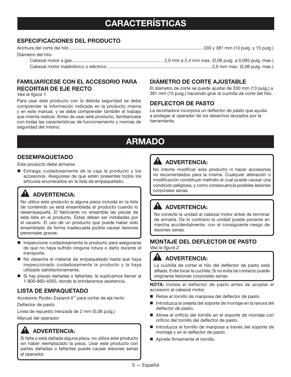 Características, Armado | Ryobi RY40220 User Manual | Page 21 / 28
