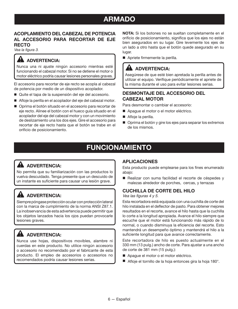 Armado, Funcionamiento | Ryobi RY40220 User Manual | Page 22 / 28