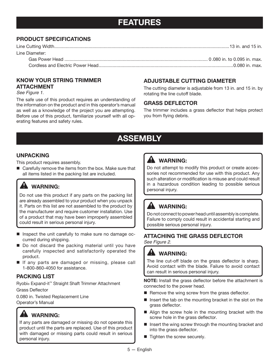 Features, Assembly | Ryobi RY40220 User Manual | Page 5 / 28