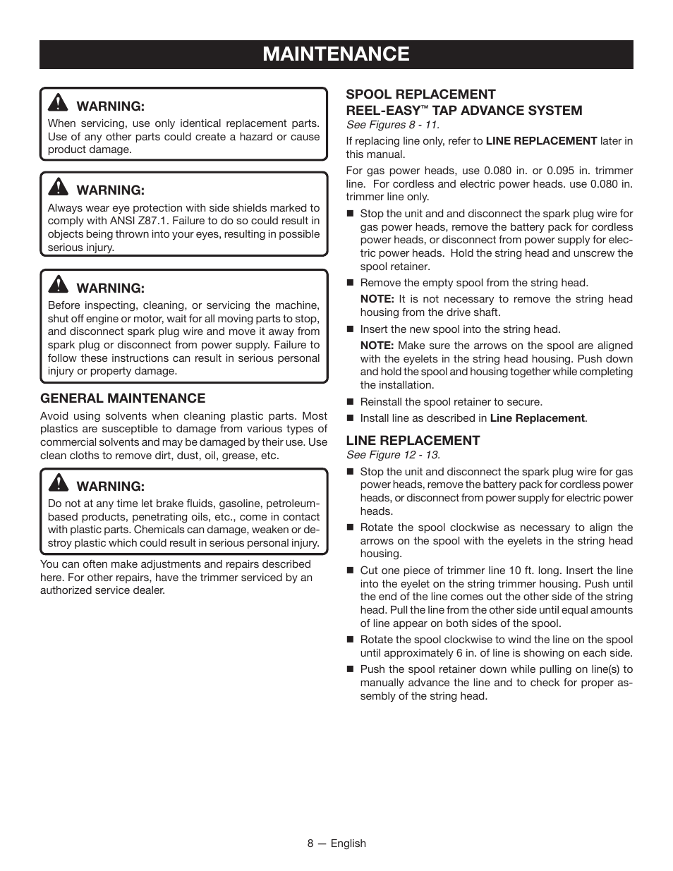 Maintenance | Ryobi RY40220 User Manual | Page 8 / 28