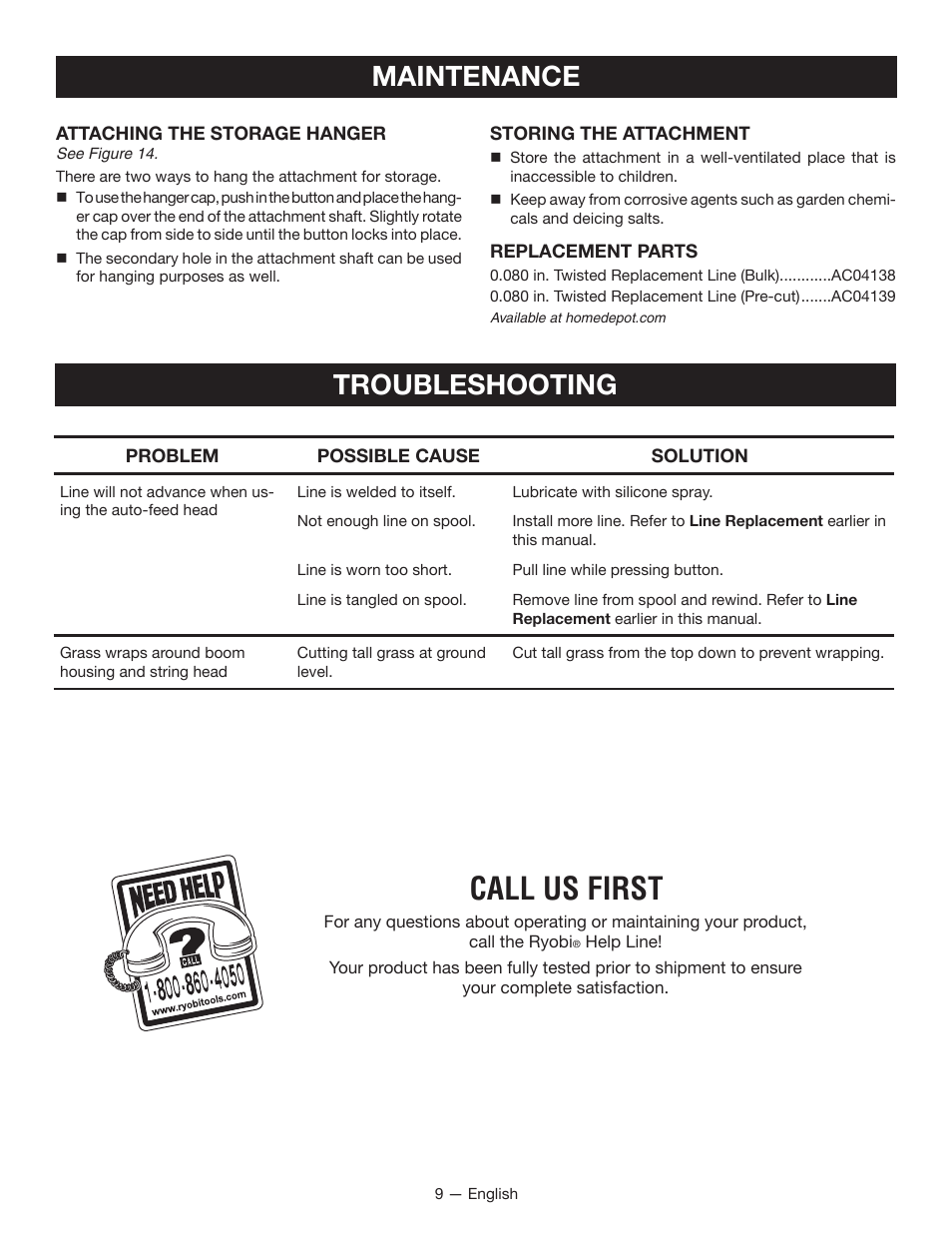 Call us first, Maintenance, Troubleshooting | Ryobi RY40220 User Manual | Page 9 / 28