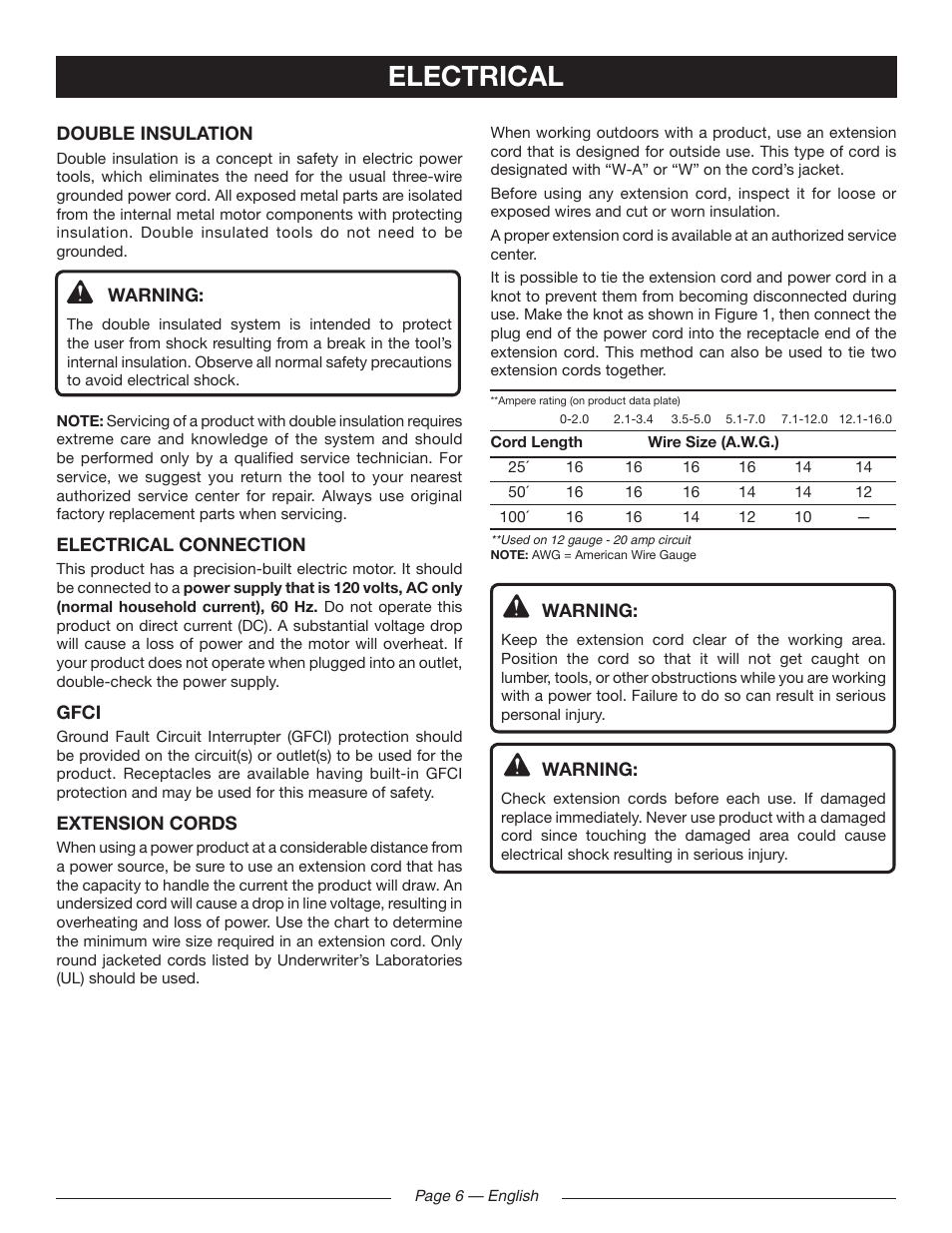 Electrical | Ryobi RY41130 User Manual | Page 10 / 40