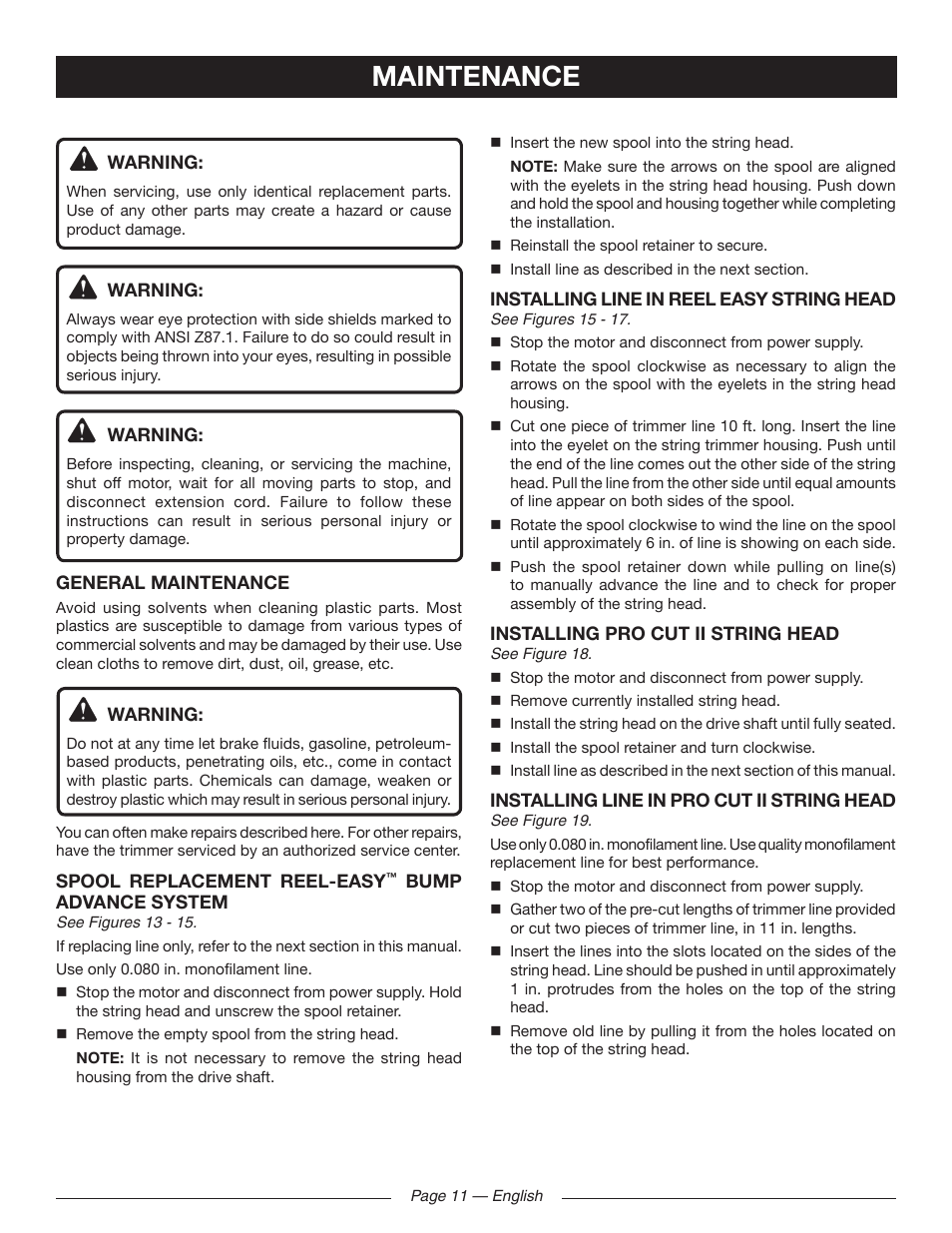 Maintenance | Ryobi RY41130 User Manual | Page 15 / 40