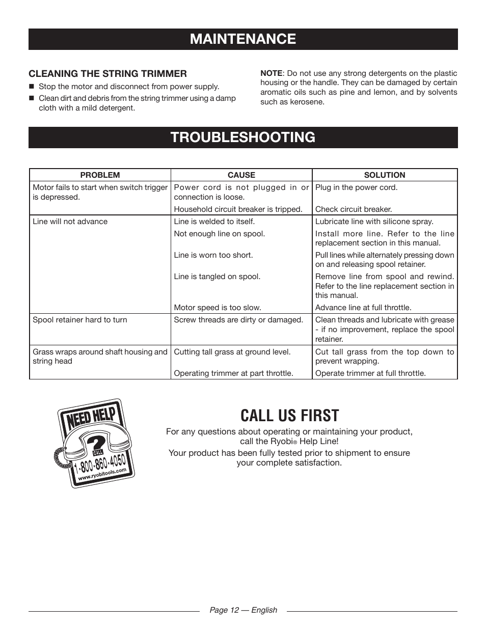 Call us first, Maintenance, Troubleshooting | Ryobi RY41130 User Manual | Page 16 / 40