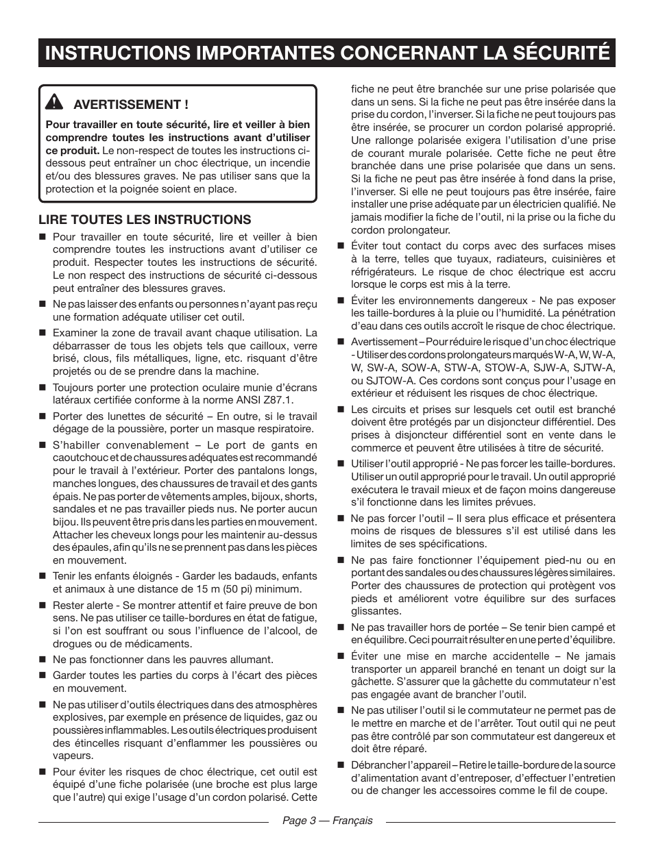 Instructions importantes concernant la sécurité | Ryobi RY41130 User Manual | Page 18 / 40