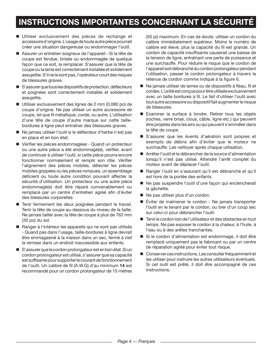 Instructions importantes concernant la sécurité | Ryobi RY41130 User Manual | Page 19 / 40