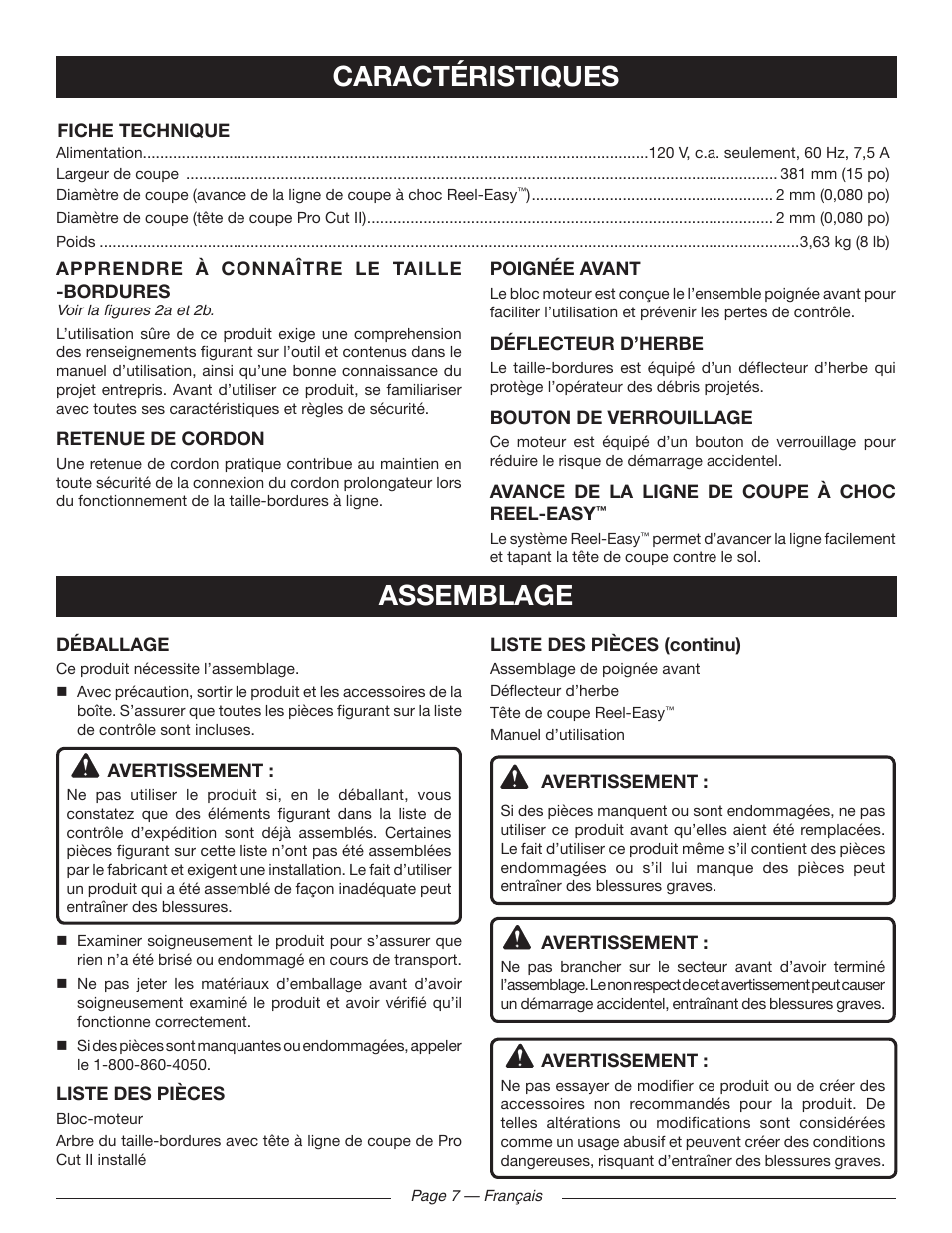 Caractéristiques assemblage | Ryobi RY41130 User Manual | Page 22 / 40