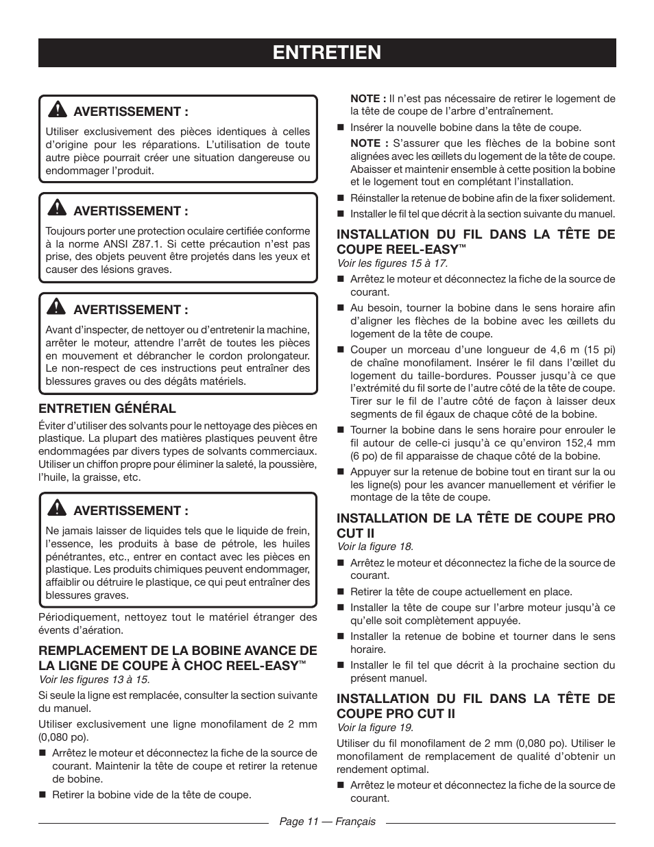 Entretien | Ryobi RY41130 User Manual | Page 26 / 40
