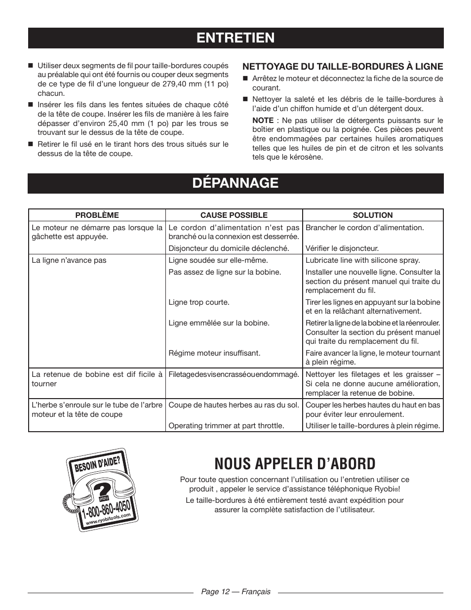 Nous appeler d’abord, Dépannage, Entretien | Besoin d’aid e | Ryobi RY41130 User Manual | Page 27 / 40