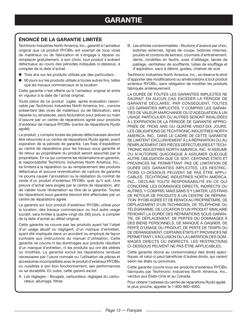 Garantie, Énoncé de la garantie limitée | Ryobi RY41130 User Manual | Page 28 / 40