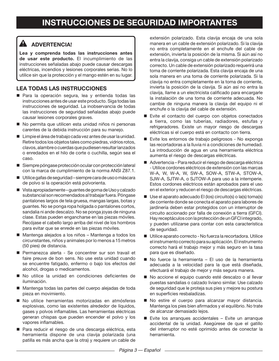 Instrucciones de seguridad importantes | Ryobi RY41130 User Manual | Page 29 / 40
