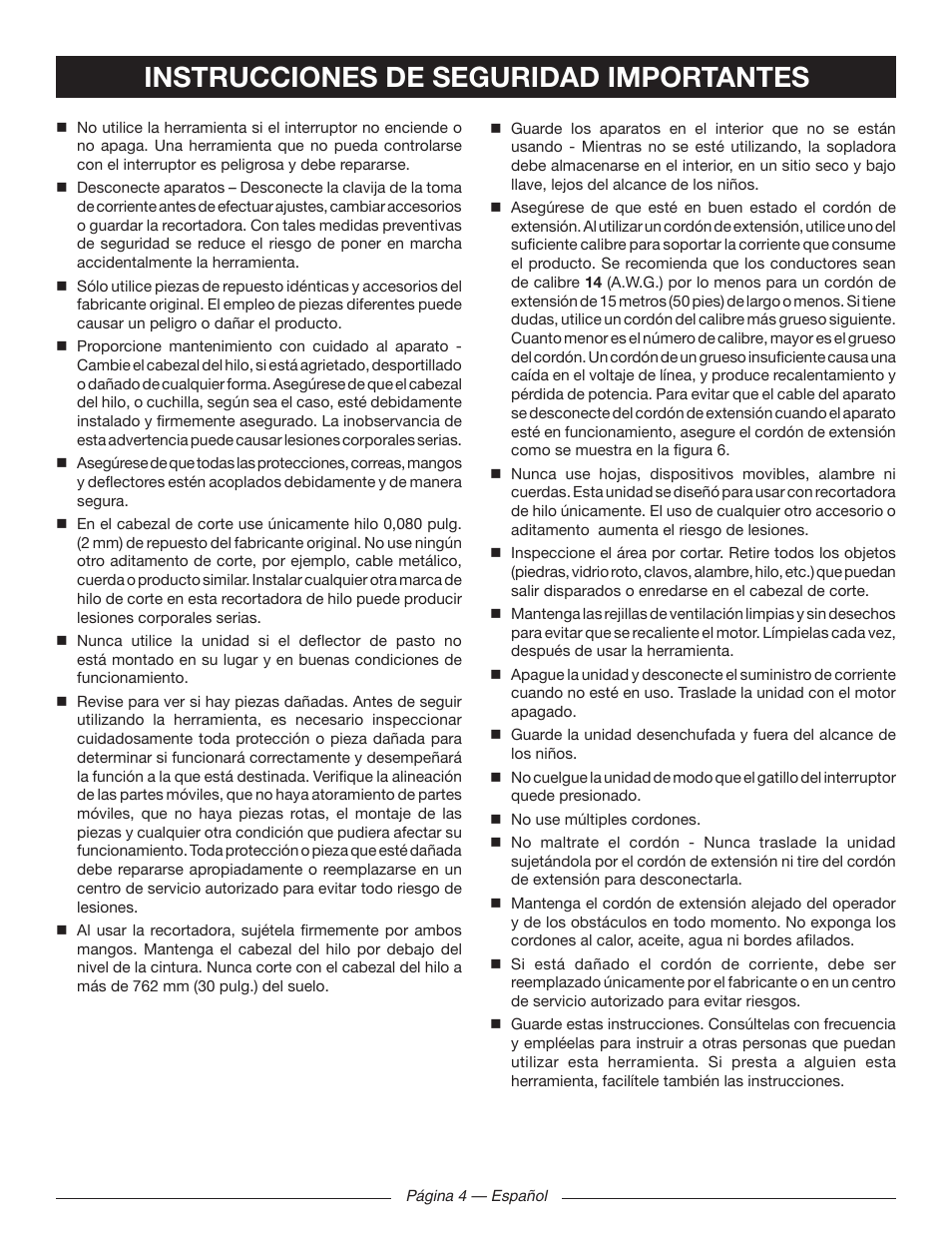 Instrucciones de seguridad importantes | Ryobi RY41130 User Manual | Page 30 / 40