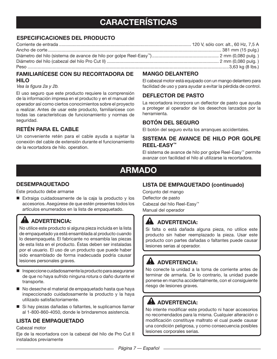 Características armado | Ryobi RY41130 User Manual | Page 33 / 40