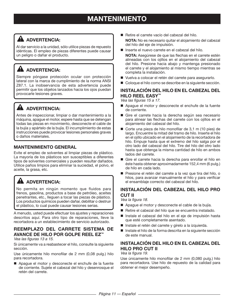 Mantenimiento | Ryobi RY41130 User Manual | Page 37 / 40