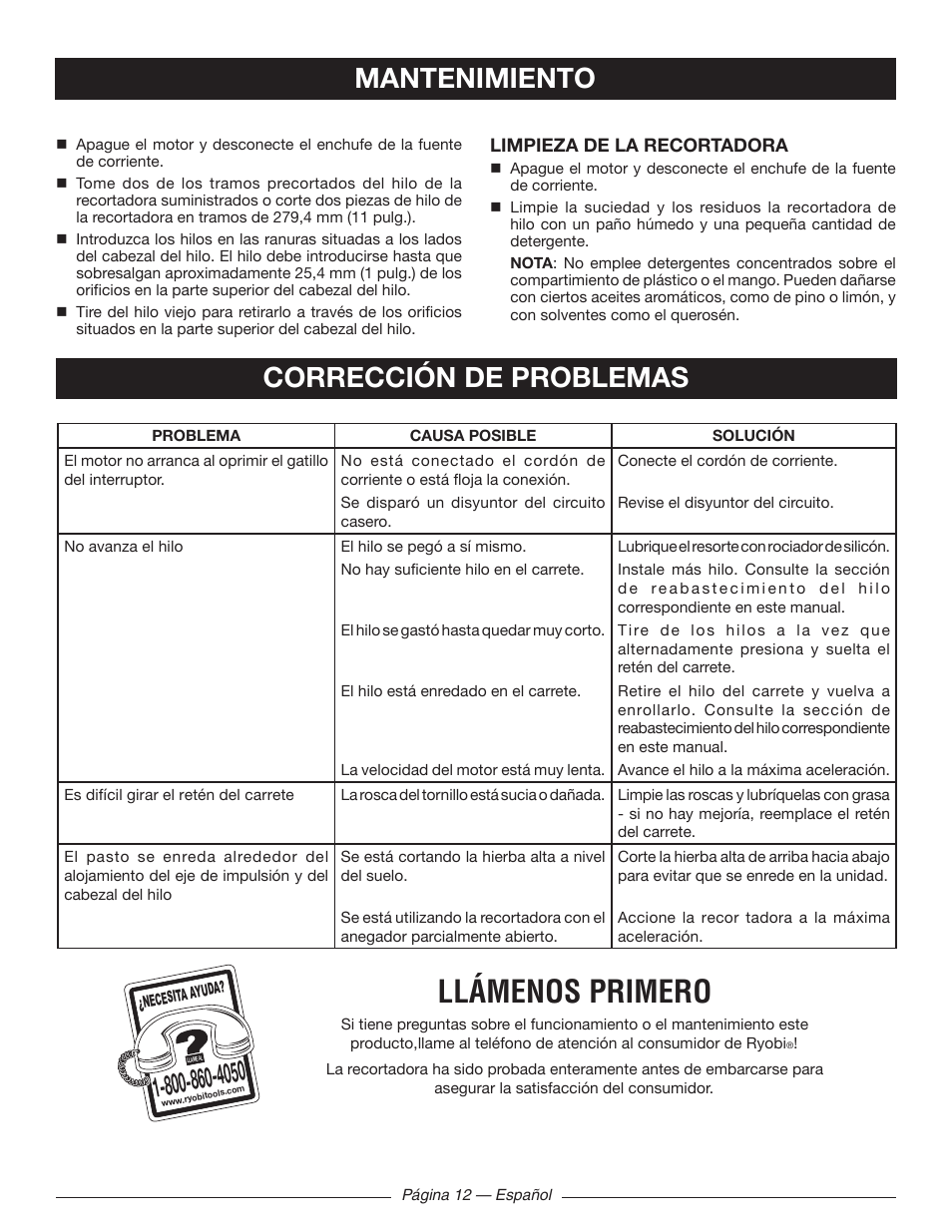 Llámenos primero, Corrección de problemas, Mantenimiento | Ryobi RY41130 User Manual | Page 38 / 40