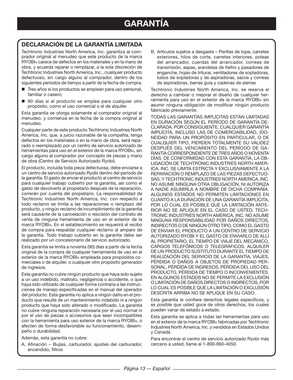 Garantía, Declaración de la garantía limitada | Ryobi RY41130 User Manual | Page 39 / 40