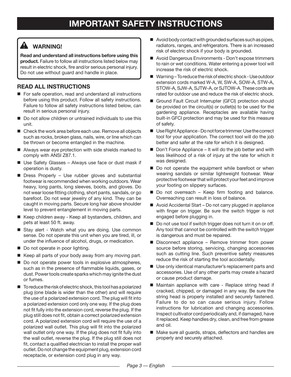 Important safety instructions | Ryobi RY41130 User Manual | Page 7 / 40