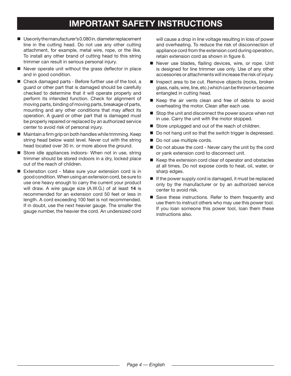 Important safety instructions | Ryobi RY41130 User Manual | Page 8 / 40