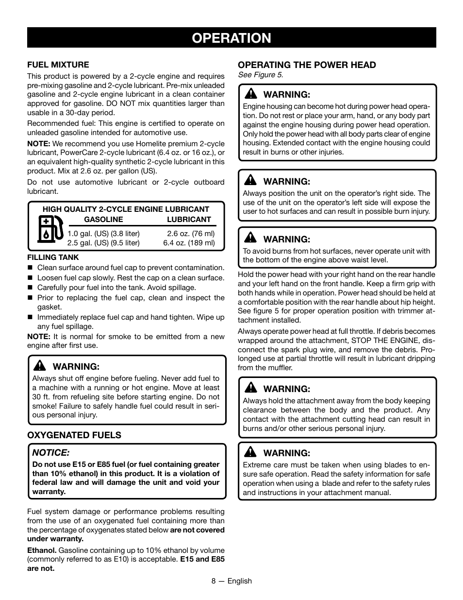 Operation | Ryobi RY28101 User Manual | Page 10 / 38