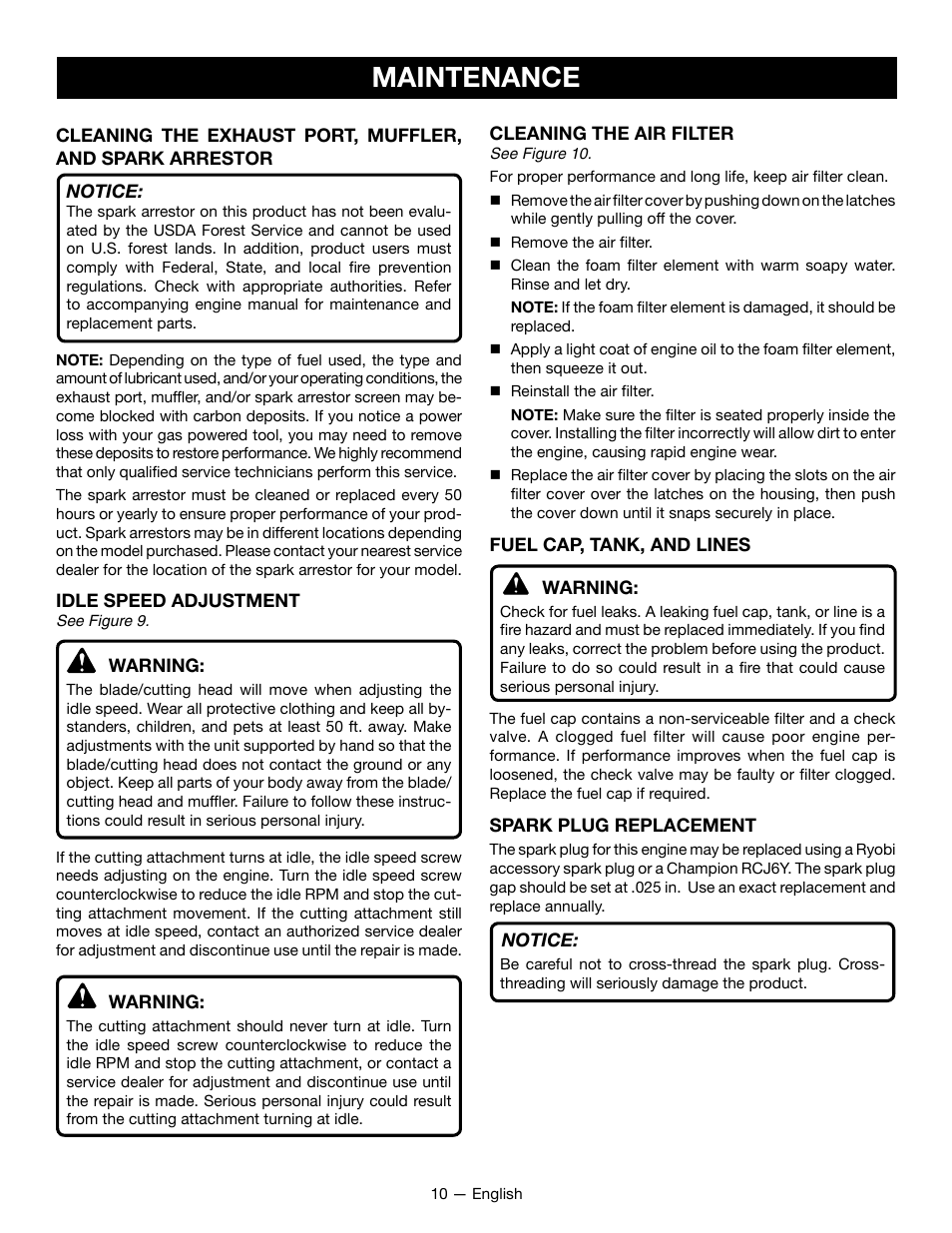 Maintenance | Ryobi RY28101 User Manual | Page 12 / 38