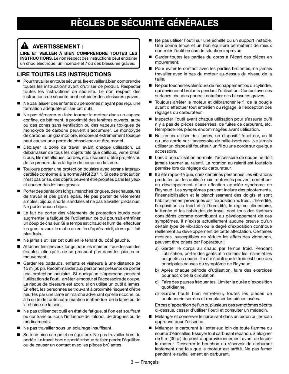 Règles de sécurité générales, Avertissement, Lire toutes les instructions | Ryobi RY28101 User Manual | Page 16 / 38