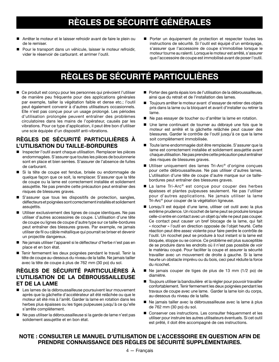 Règles de sécurité particulières, Règles de sécurité générales | Ryobi RY28101 User Manual | Page 17 / 38