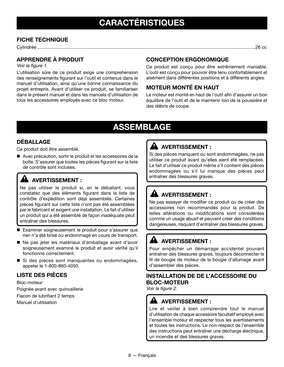 Caractéristiques, Assemblage | Ryobi RY28101 User Manual | Page 19 / 38