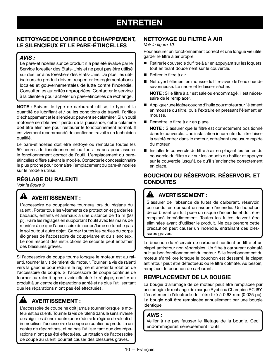 Entretien | Ryobi RY28101 User Manual | Page 23 / 38