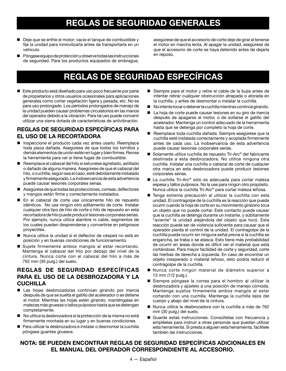 Reglas de seguridad específicas, Reglas de seguridad generales | Ryobi RY28101 User Manual | Page 28 / 38