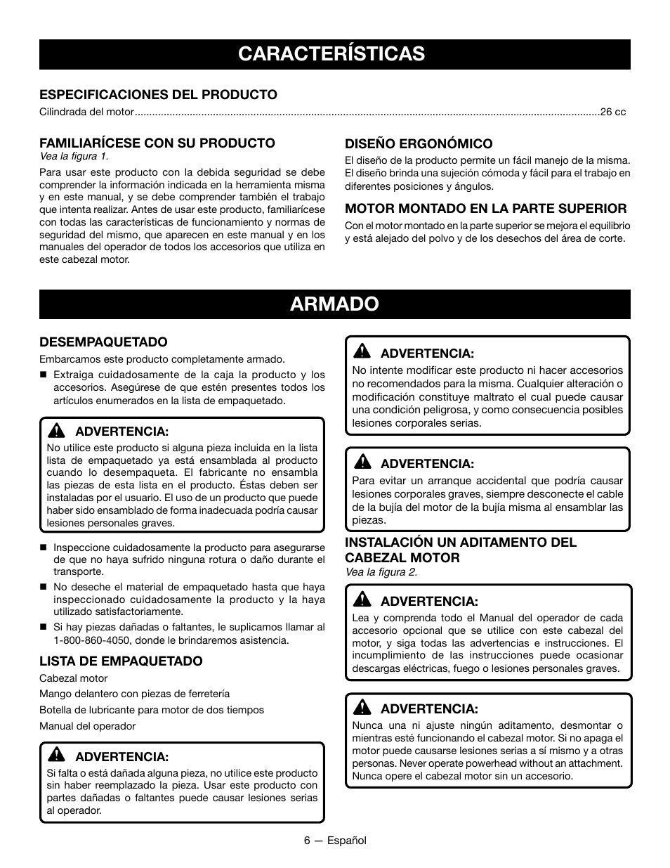 Características, Armado | Ryobi RY28101 User Manual | Page 30 / 38