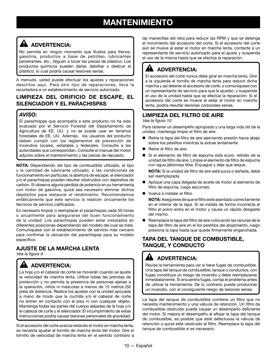 Mantenimiento | Ryobi RY28101 User Manual | Page 34 / 38