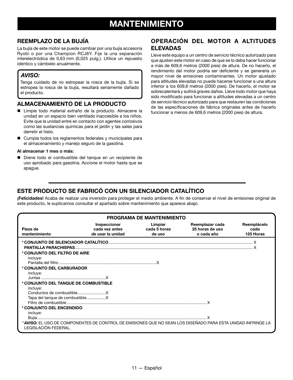 Mantenimiento, Reemplazo de la bujía, Aviso | Almacenamiento de la producto, Operación del motor a altitudes elevadas | Ryobi RY28101 User Manual | Page 35 / 38