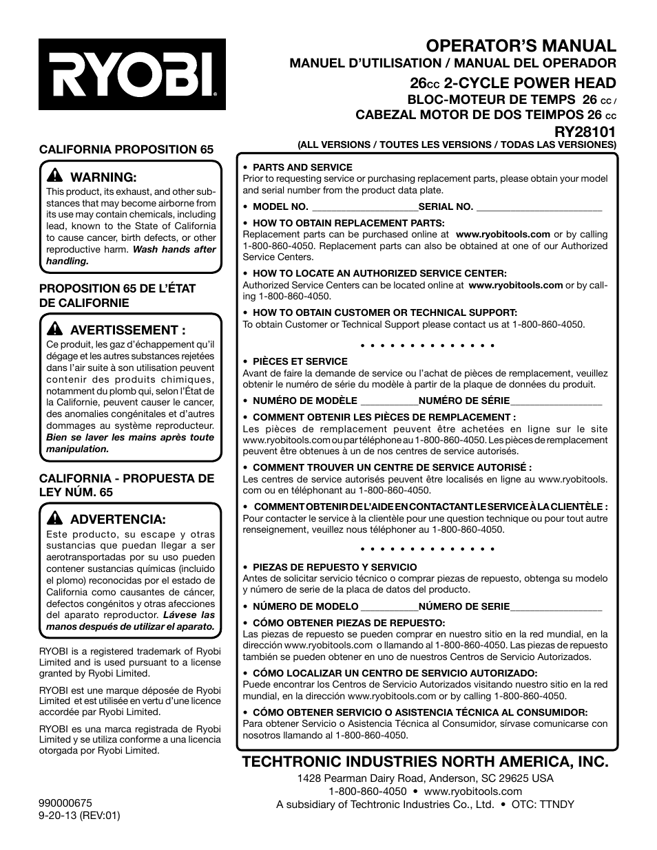 Operator’s manual, Techtronic industries north america, inc, Cycle power head | Ryobi RY28101 User Manual | Page 38 / 38