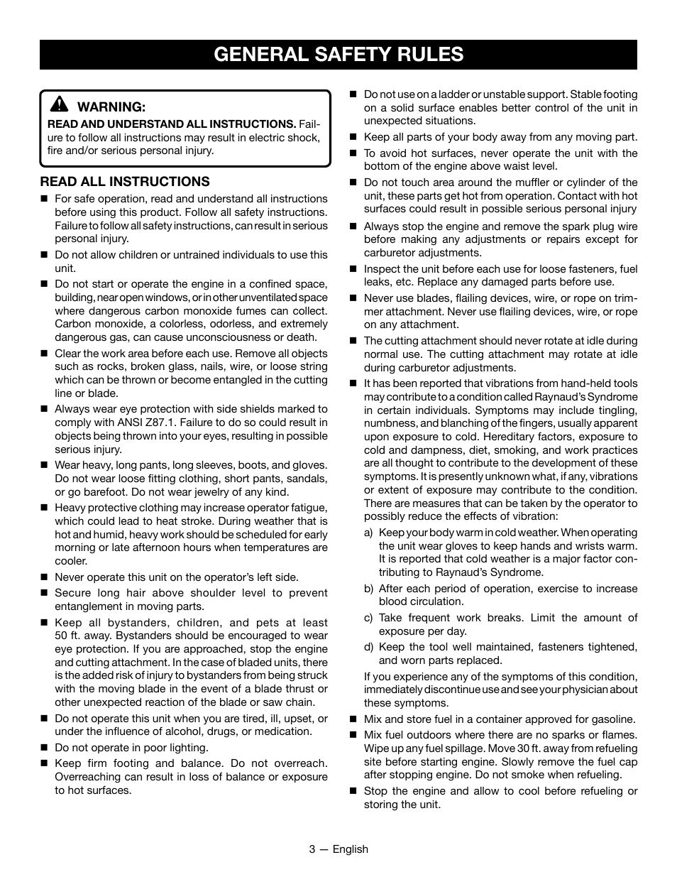 General safety rules | Ryobi RY28101 User Manual | Page 5 / 38