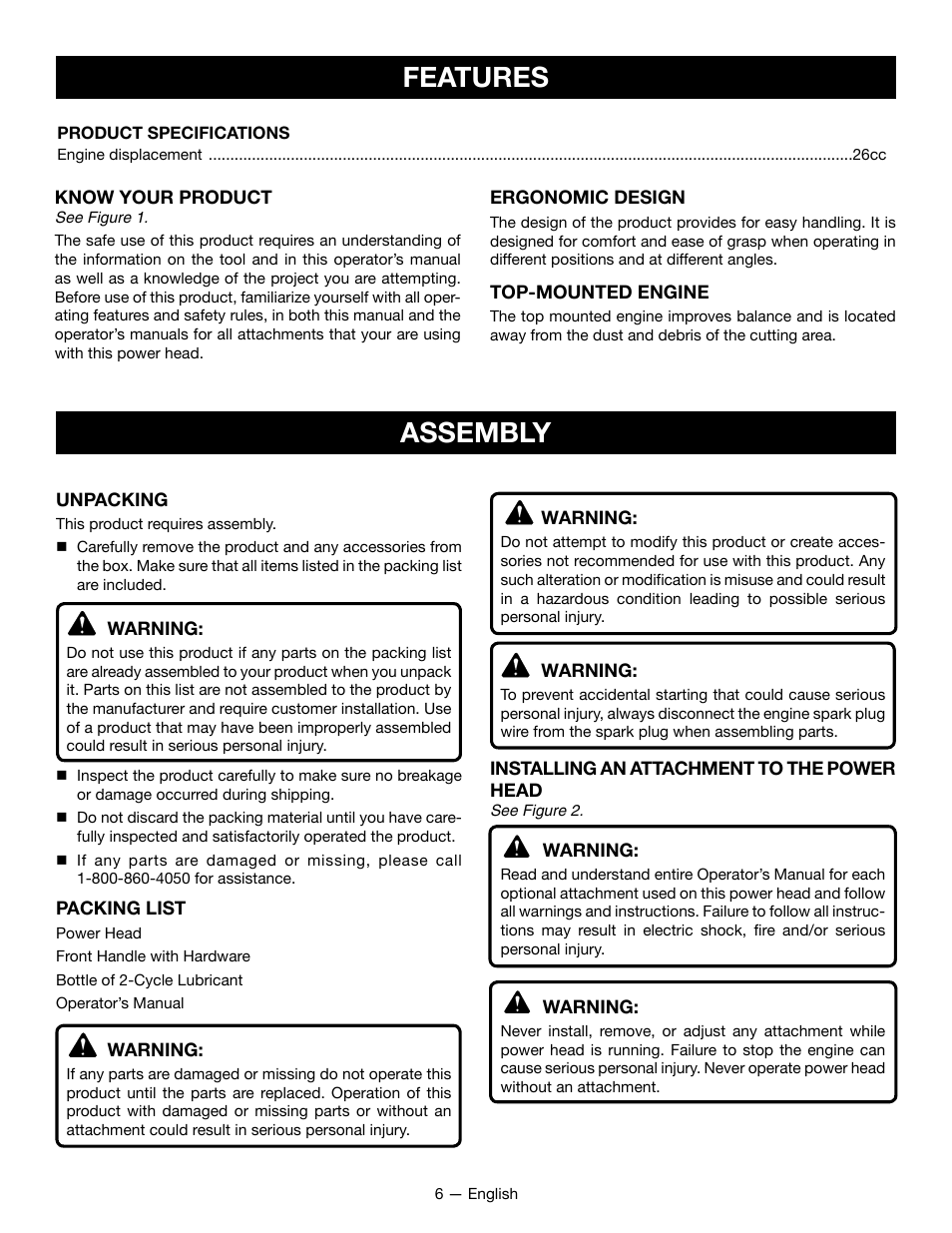 Features, Assembly | Ryobi RY28101 User Manual | Page 8 / 38