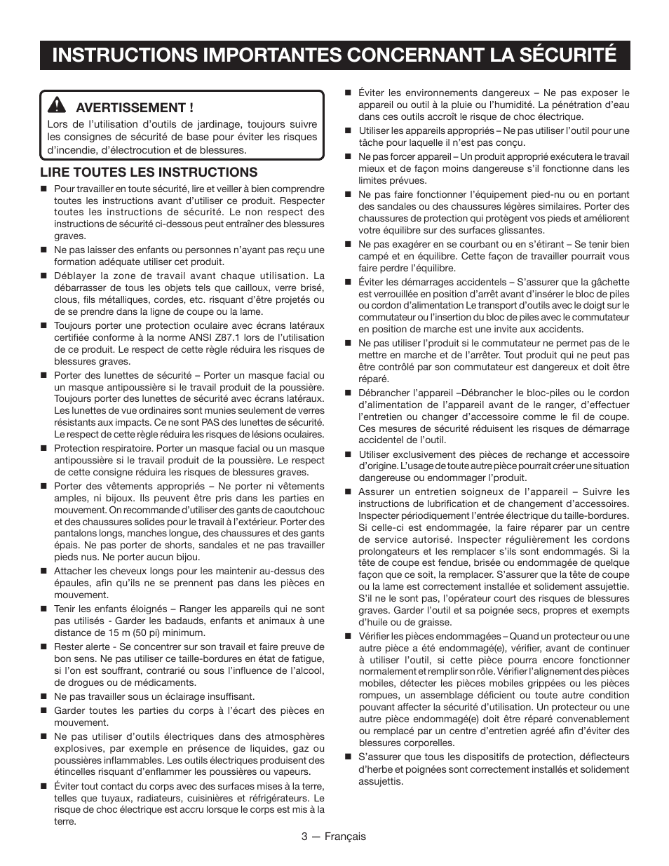 Instructions importantes concernant la sécurité, Avertissement, Lire toutes les instructions | Ryobi P2200 User Manual | Page 20 / 44