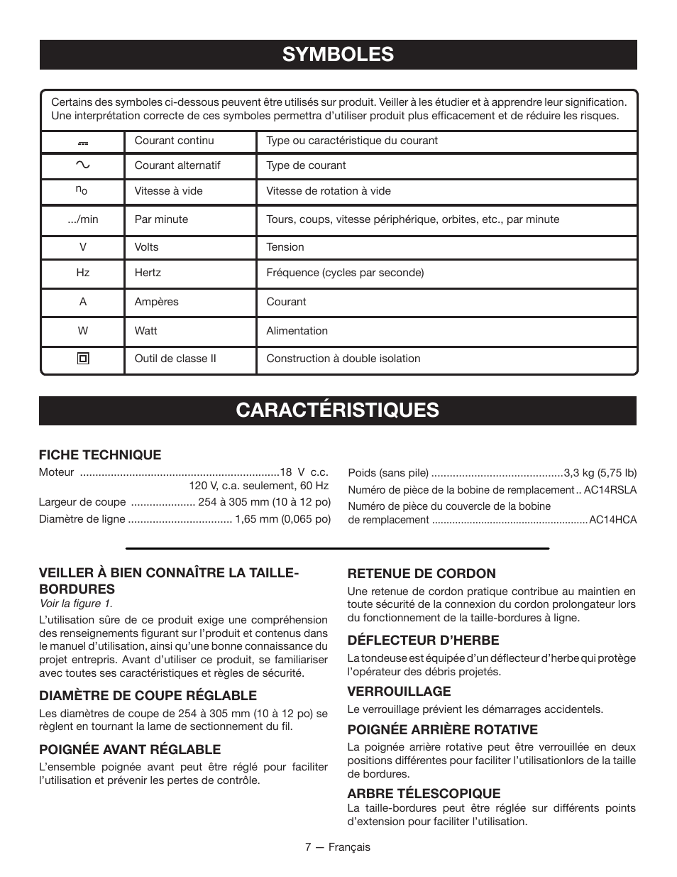 Caractéristiques, Symboles | Ryobi P2200 User Manual | Page 24 / 44