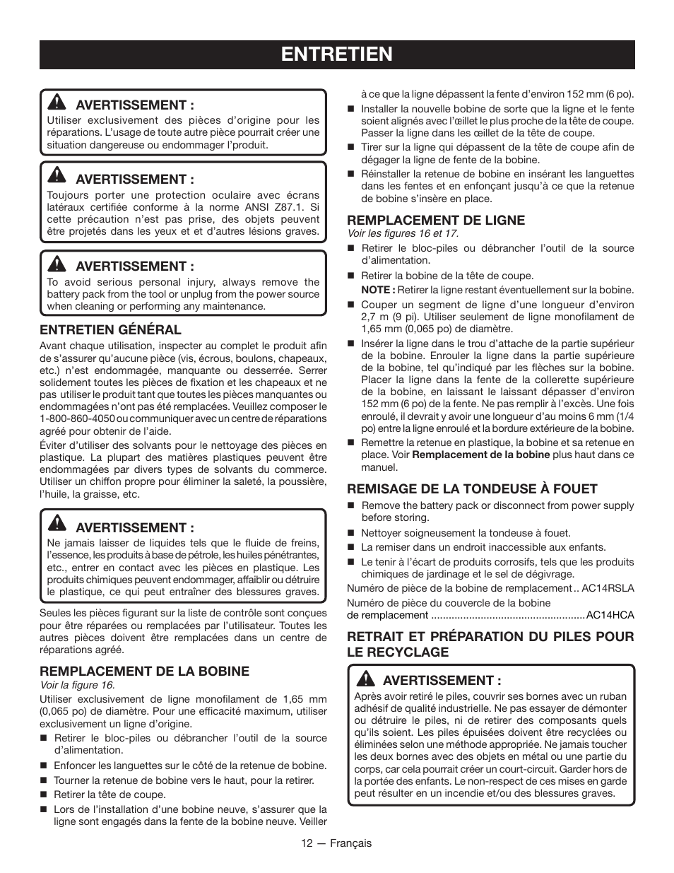 Entretien, Avertissement, Entretien général | Remplacement de la bobine, Remplacement de ligne, Remisage de la tondeuse à fouet | Ryobi P2200 User Manual | Page 29 / 44