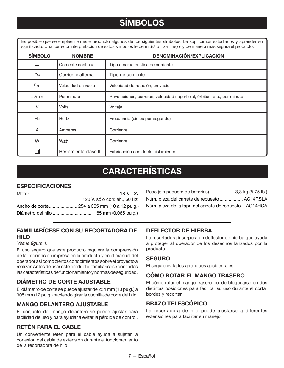 Características, Símbolos | Ryobi P2200 User Manual | Page 36 / 44